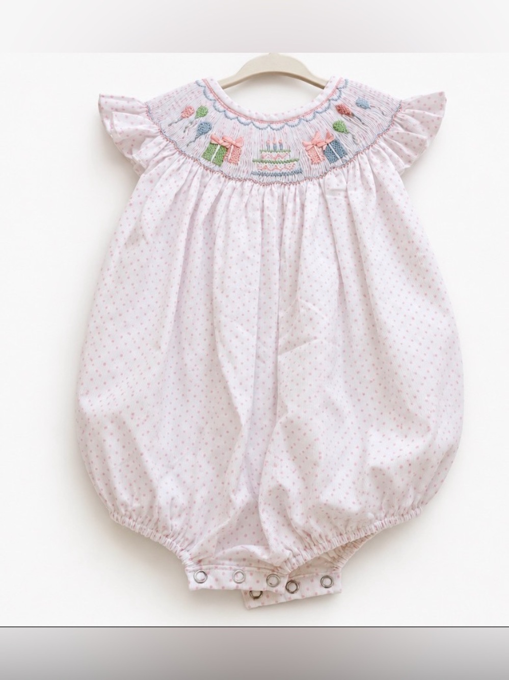 Girls Smocked Birthday Bubble Romper Pink Polka Dot Party Outfit